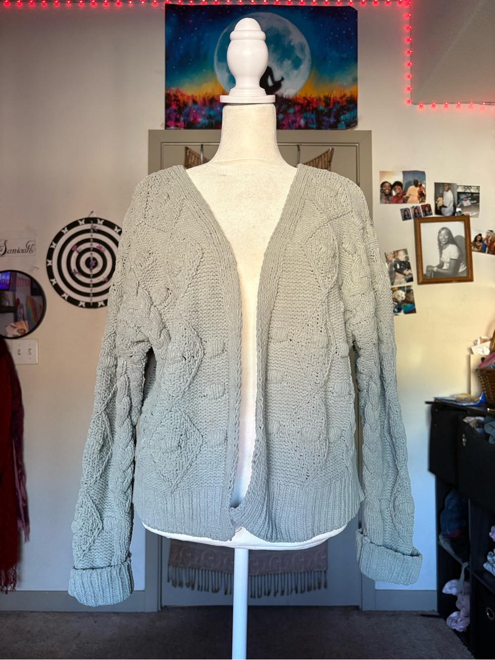moon & madison Open-Front Cable Knit Cardigan - Light Gray